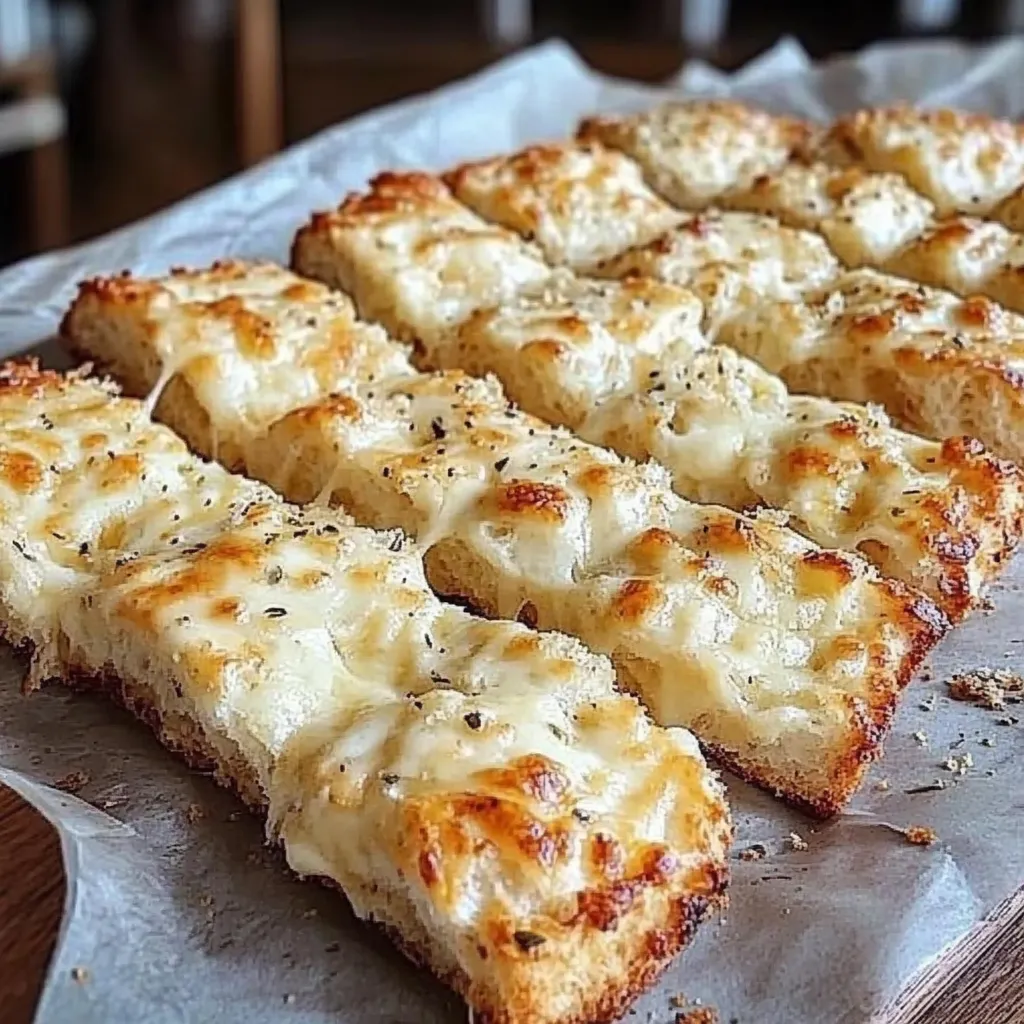 A golden loaf of homemade cheese bread with a crispy crust and gooey cheddar and Parmesan cheese inside.

