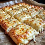 A golden loaf of homemade cheese bread with a crispy crust and gooey cheddar and Parmesan cheese inside.