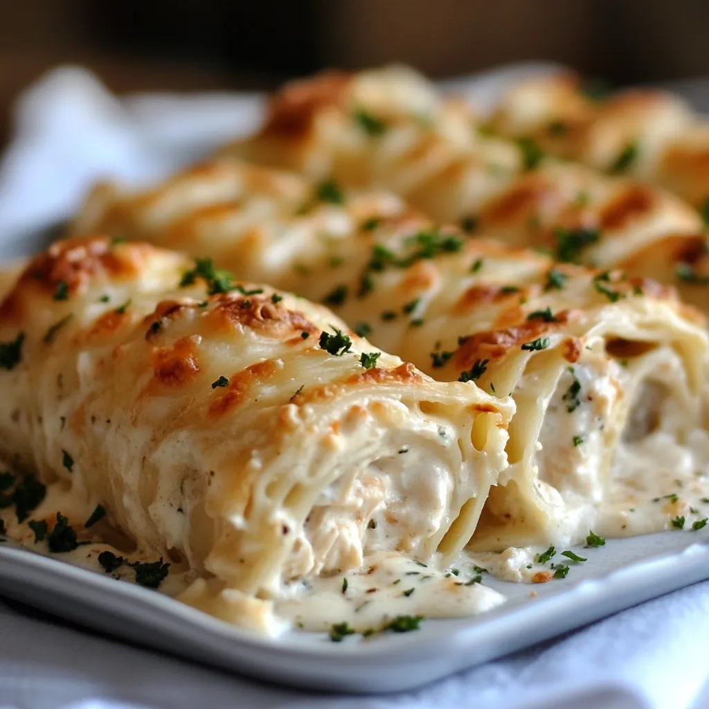 Close-Up of a Lasagna Roll – A perfectly portioned roll covered in rich Alfredo sauce and melted cheese.