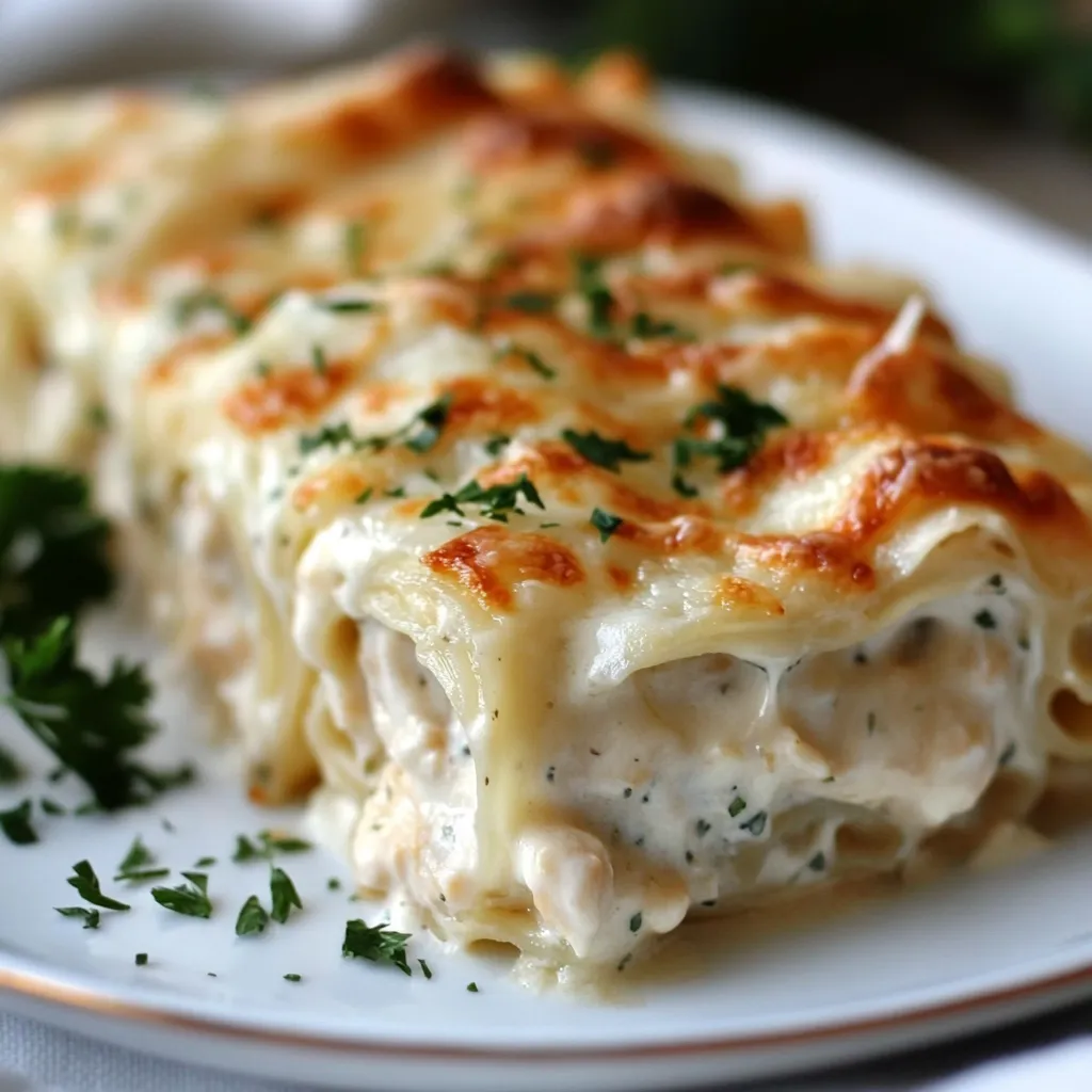 Chicken Alfredo Lasagna Rolls in a Baking Dish – A creamy, cheesy baked pasta dish featuring rolled lasagna noodles stuffed with chicken and ricotta.