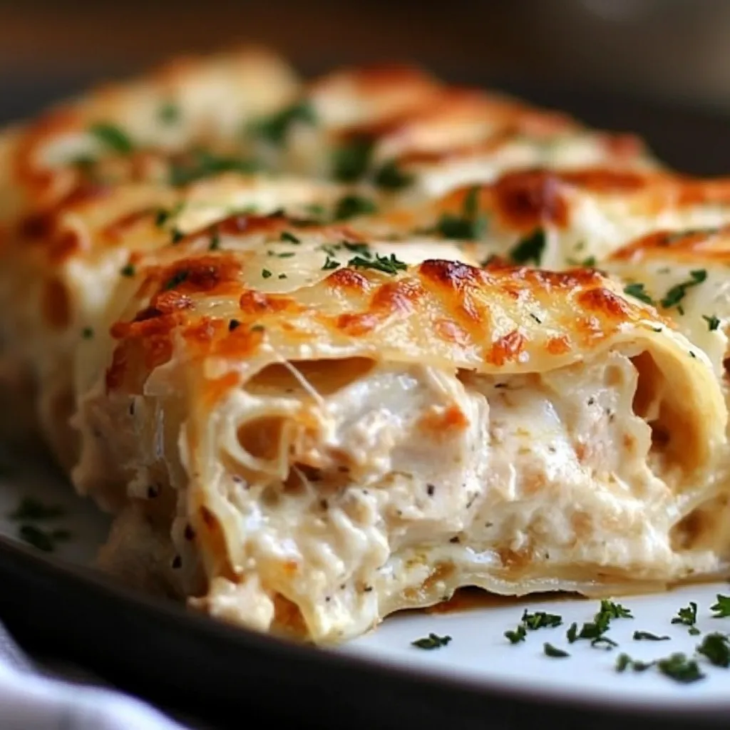 Chicken Alfredo Lasagna Rolls in a Baking Dish – A creamy, cheesy baked pasta dish featuring rolled lasagna noodles stuffed with chicken and ricotta.