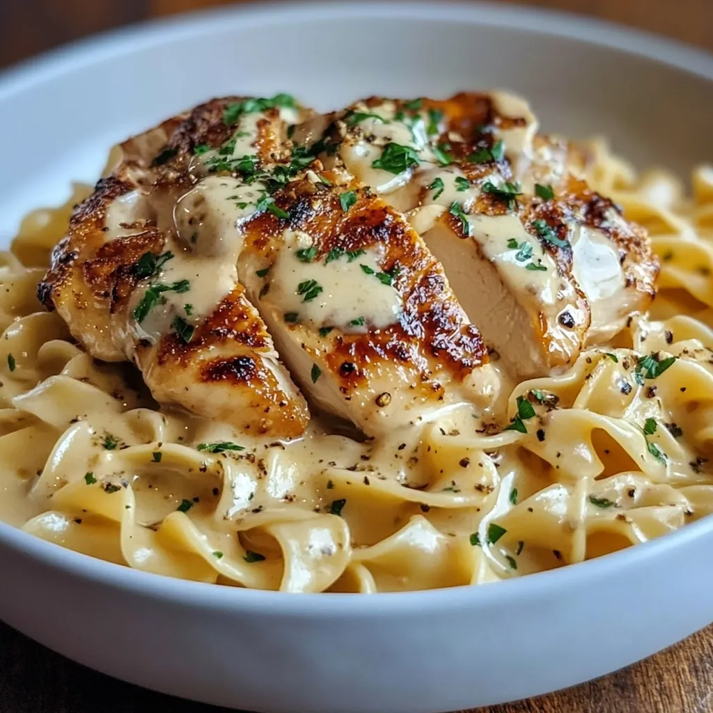 Plate of Chicken with Buttered Noodles garnished with parsley and grated Parmesan cheese.