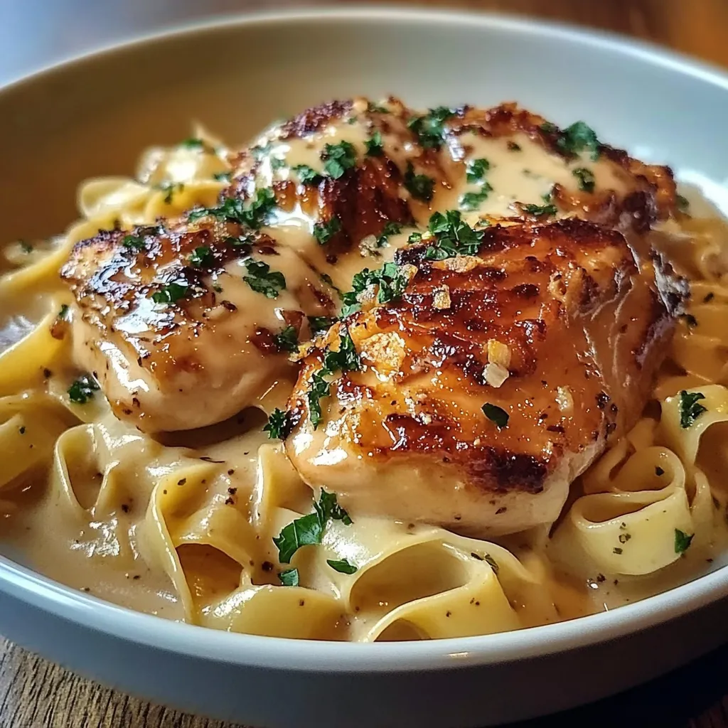 Plate of Chicken with Buttered Noodles garnished with parsley and grated Parmesan cheese.