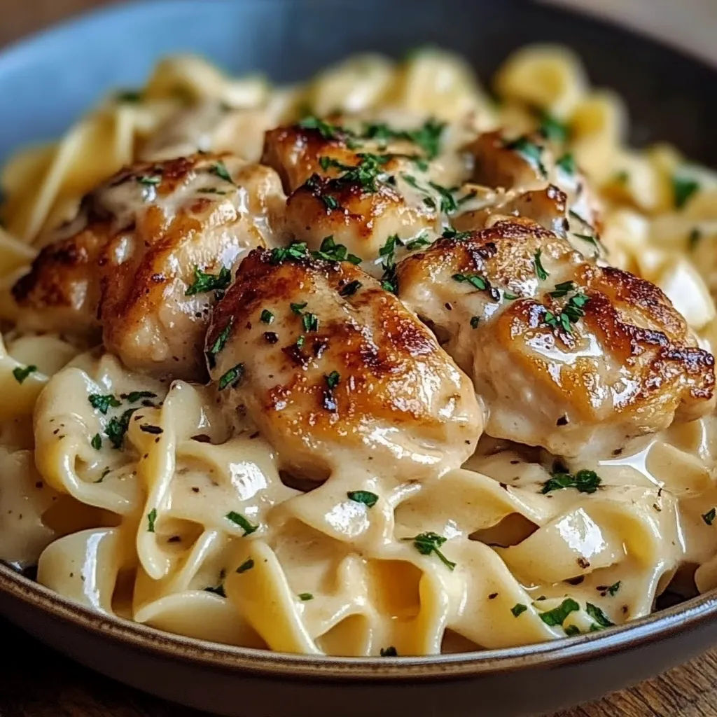 Plate of Chicken with Buttered Noodles garnished with parsley and grated Parmesan cheese.