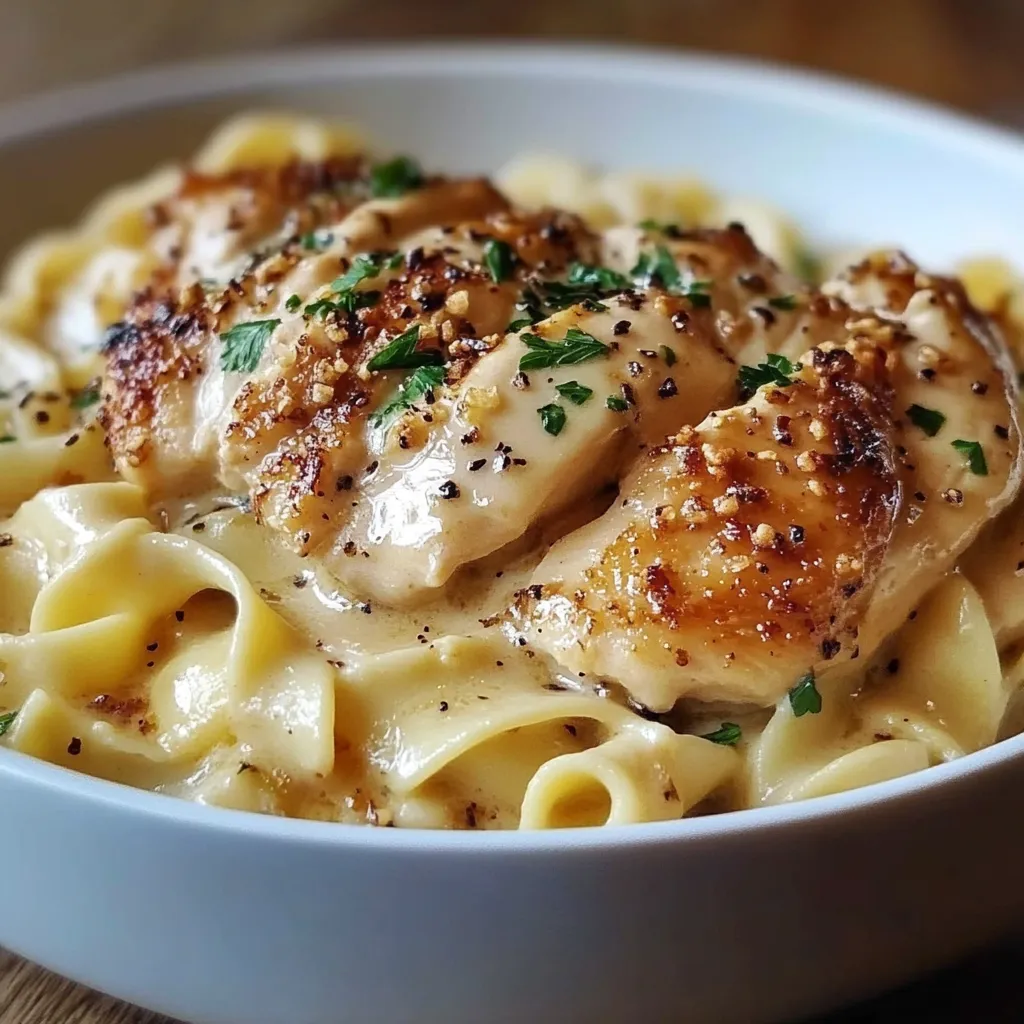 Plate of Chicken with Buttered Noodles garnished with parsley and grated Parmesan cheese.