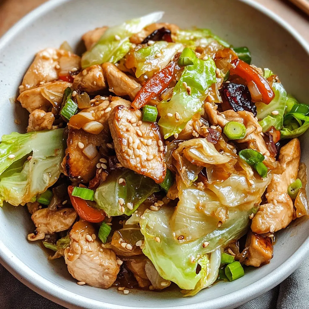 Chinese Chicken Cabbage Stir-Fry with tender chicken, crisp cabbage, and a savory garlic-ginger sauce served in a wok.