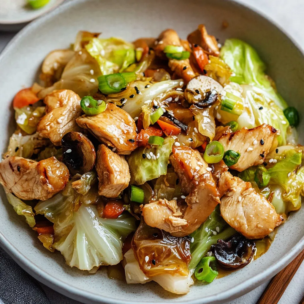 Chinese Chicken Cabbage Stir-Fry with tender chicken, crisp cabbage, and a savory garlic-ginger sauce served in a wok.