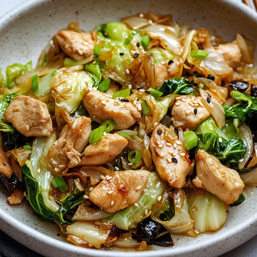 Chinese Chicken Cabbage Stir-Fry with tender chicken, crisp cabbage, and a savory garlic-ginger sauce served in a wok.