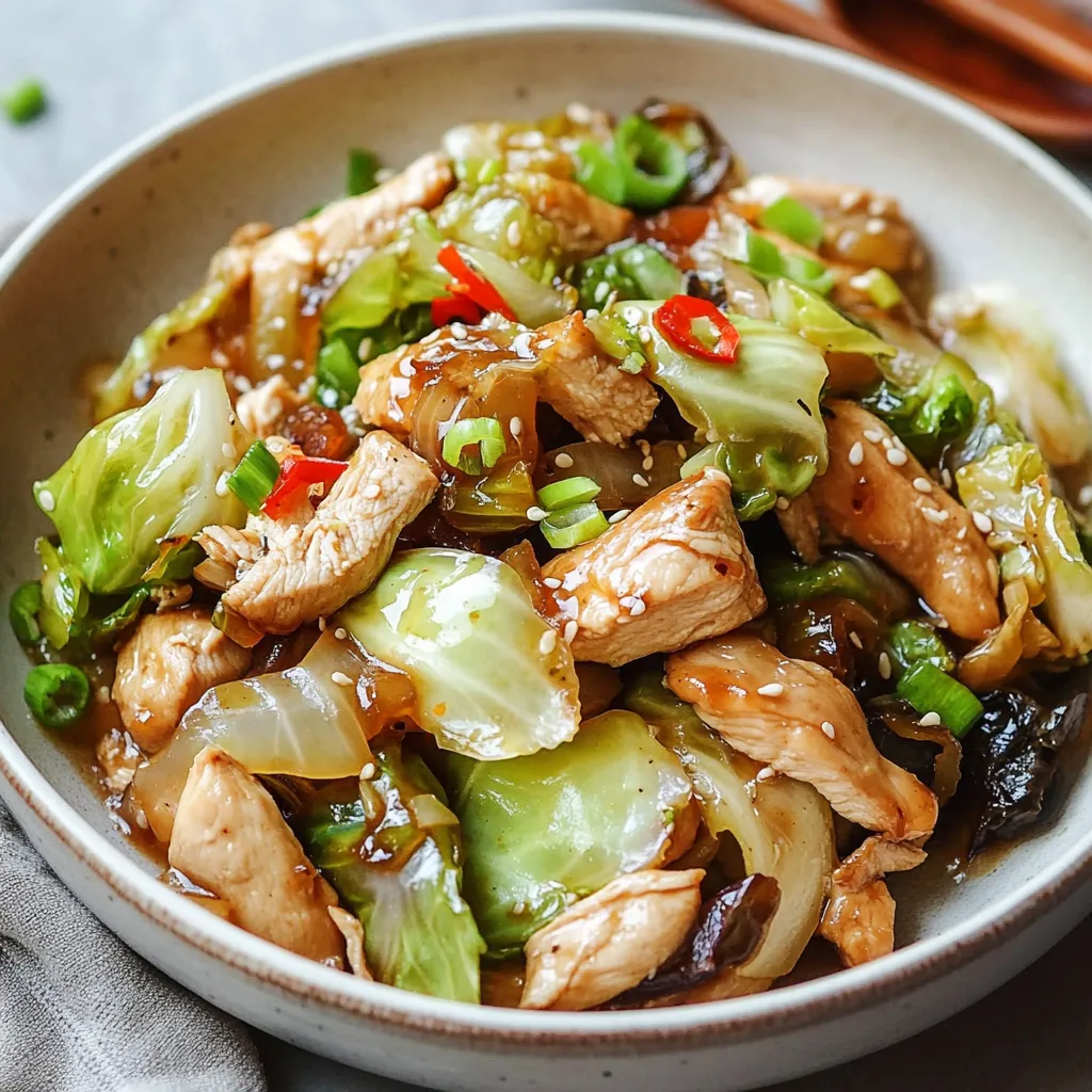 Chinese Chicken Cabbage Stir-Fry with tender chicken, crisp cabbage, and a savory garlic-ginger sauce served in a wok.