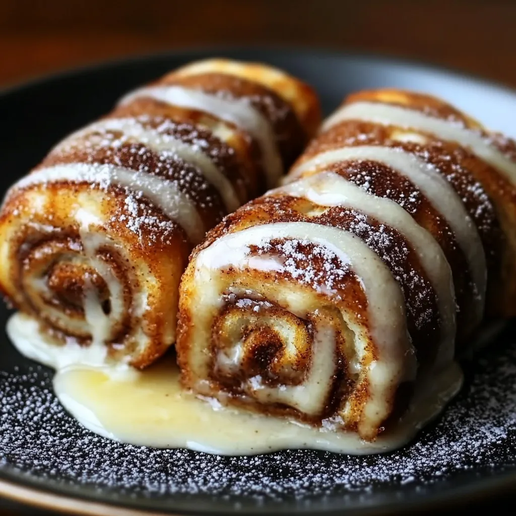 Golden-brown Cinnamon Roll French Toast Roll-Ups coated in cinnamon-sugar, served on a plate with a drizzle of maple syrup and cream cheese dip.