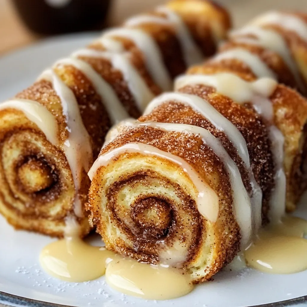 Golden-brown Cinnamon Roll French Toast Roll-Ups coated in cinnamon-sugar, served on a plate with a drizzle of maple syrup and cream cheese dip.