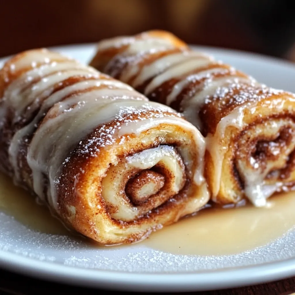 Golden-brown Cinnamon Roll French Toast Roll-Ups coated in cinnamon-sugar, served on a plate with a drizzle of maple syrup and cream cheese dip.