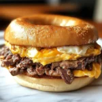 A homemade McDonald's Steak, Egg & Cheese Bagel with a juicy steak patty, fluffy egg, melted American cheese, and creamy sauce on a toasted bagel.