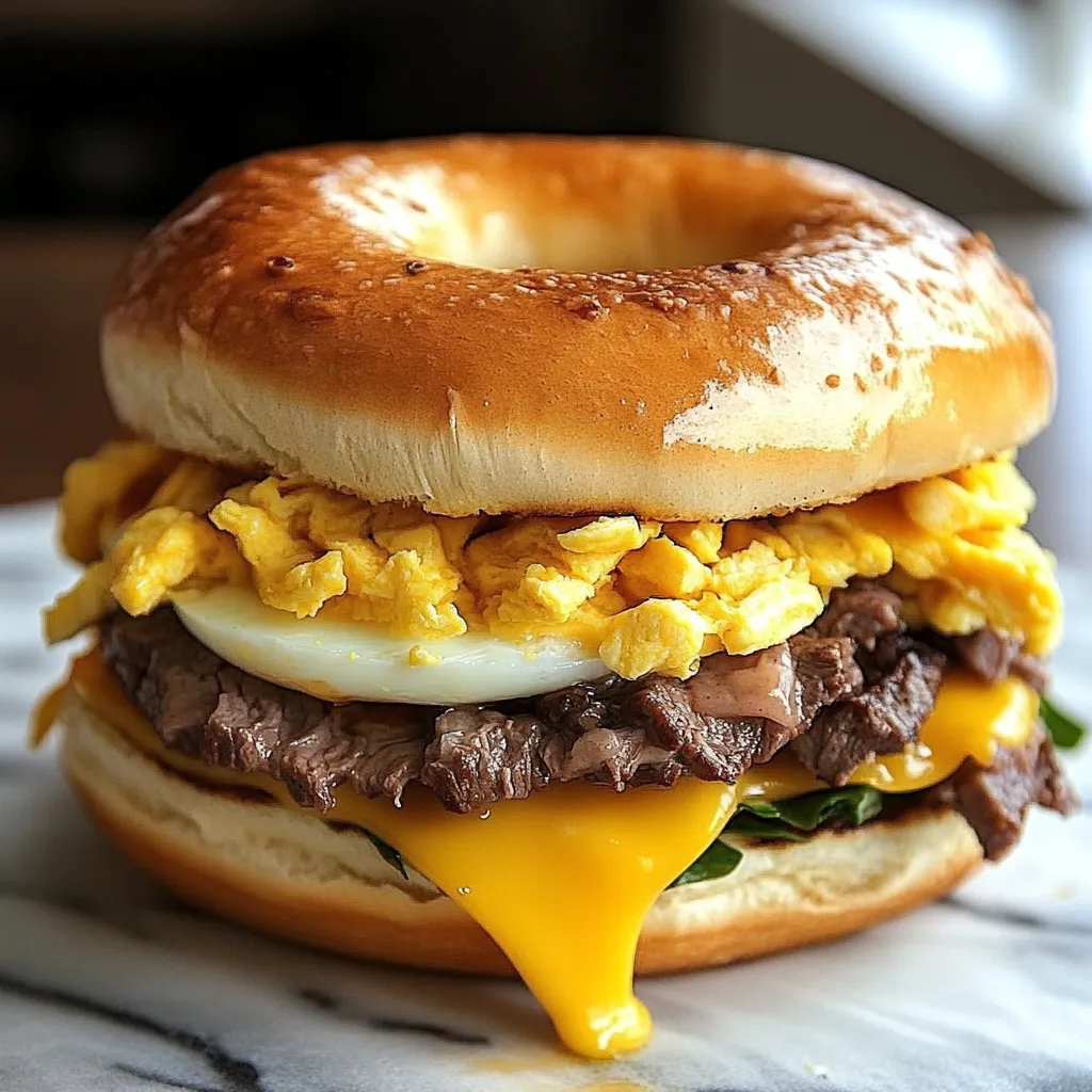 A homemade McDonald's Steak, Egg & Cheese Bagel with a juicy steak patty, fluffy egg, melted American cheese, and creamy sauce on a toasted bagel.