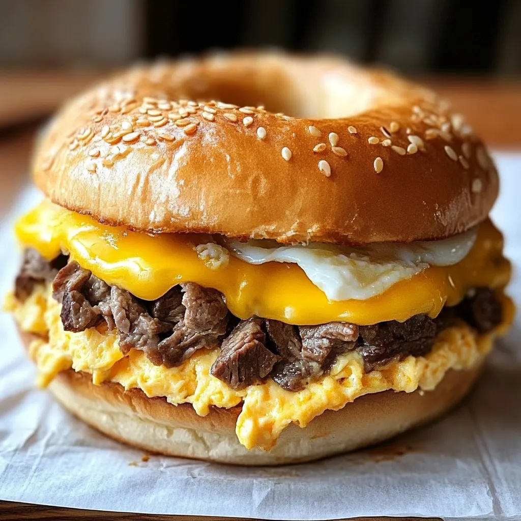 A homemade McDonald's Steak, Egg & Cheese Bagel with a juicy steak patty, fluffy egg, melted American cheese, and creamy sauce on a toasted bagel.