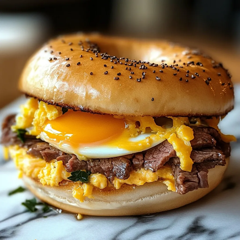 A homemade McDonald's Steak, Egg & Cheese Bagel with a juicy steak patty, fluffy egg, melted American cheese, and creamy sauce on a toasted bagel.