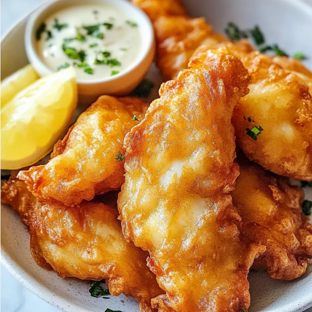 A plate of crispy fried fish with golden batter, served with lemon wedges.