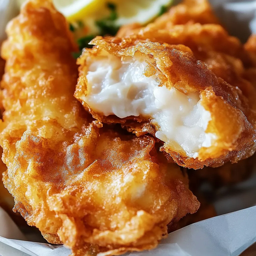 A plate of crispy fried fish with golden batter, served with lemon wedges.