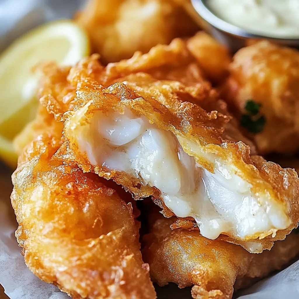 A plate of crispy fried fish with golden batter, served with lemon wedges.