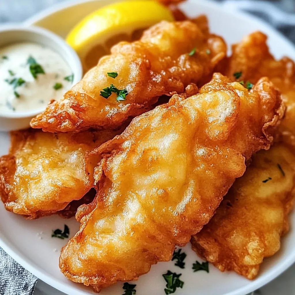 A plate of crispy fried fish with golden batter, served with lemon wedges.