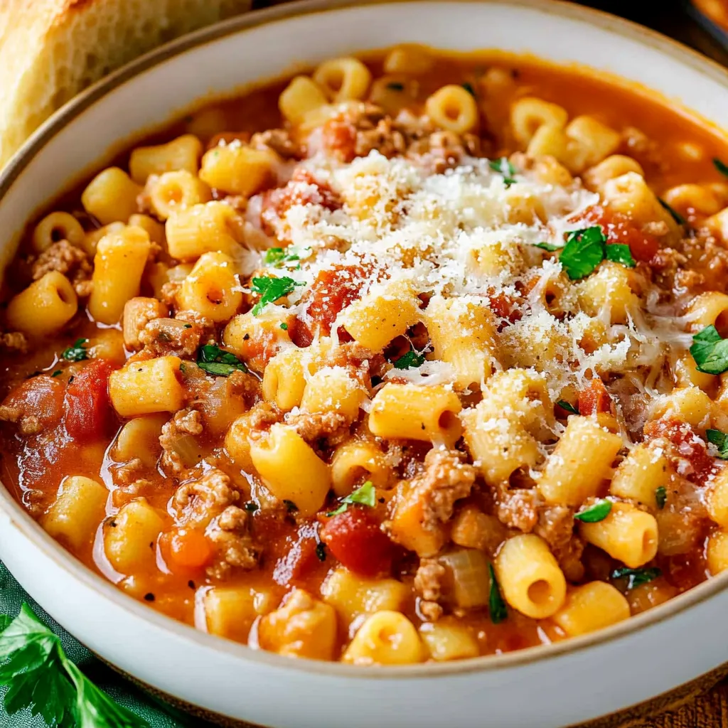 A bowl of Crockpot Pasta Fagioli with ground beef, beans, and pasta in a rich tomato broth, garnished with Parmesan and fresh parsley.