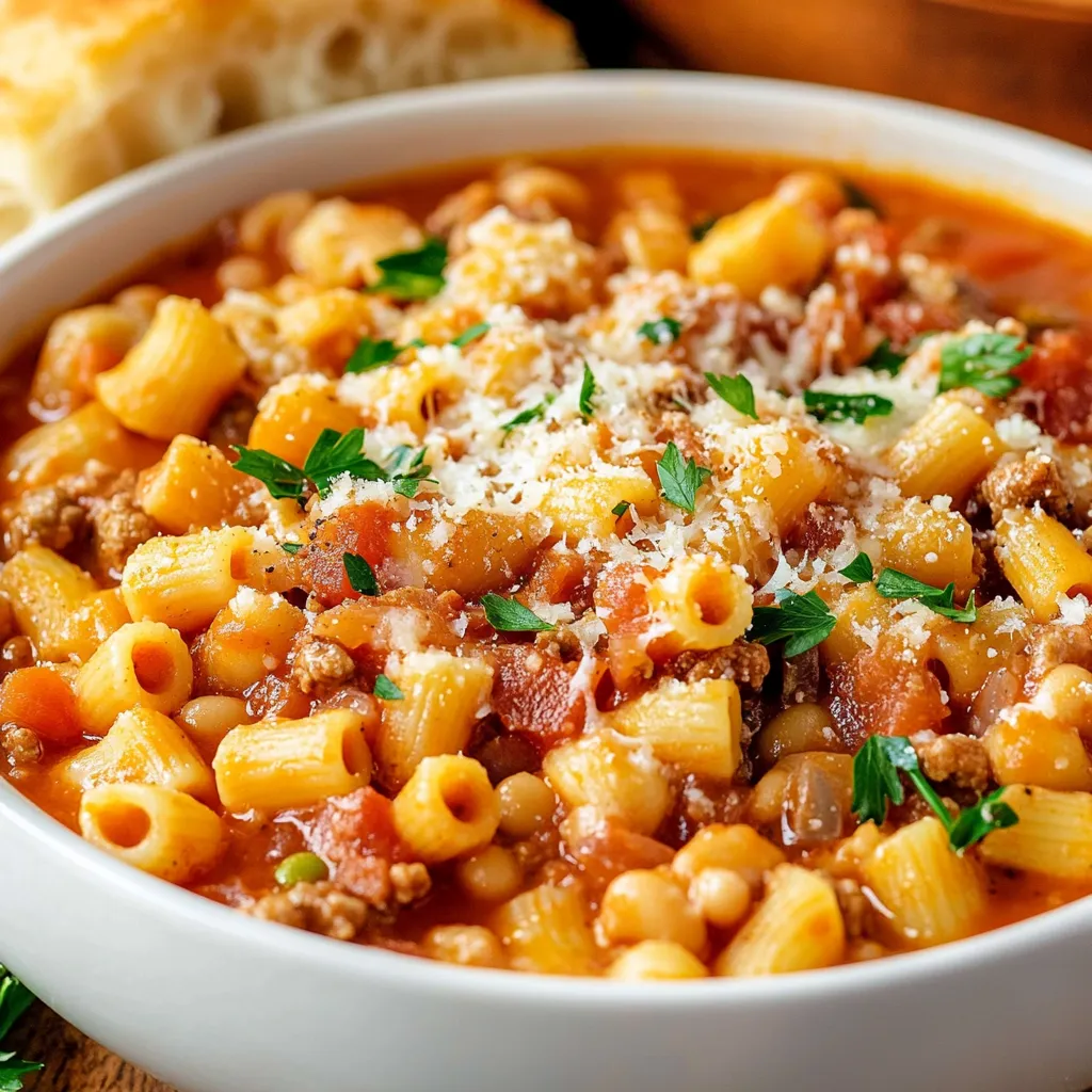 A bowl of Crockpot Pasta Fagioli with ground beef, beans, and pasta in a rich tomato broth, garnished with Parmesan and fresh parsley.