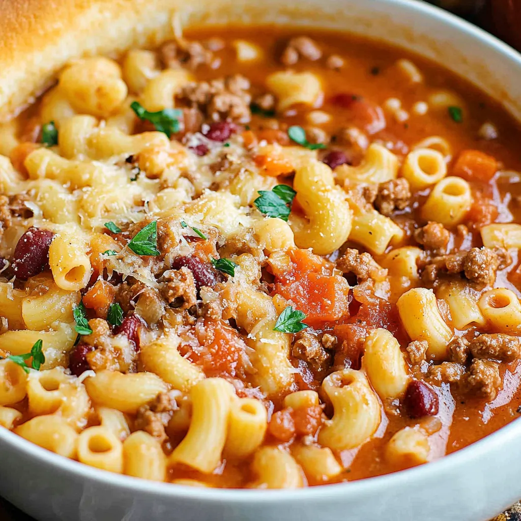 A bowl of Crockpot Pasta Fagioli with ground beef, beans, and pasta in a rich tomato broth, garnished with Parmesan and fresh parsley.