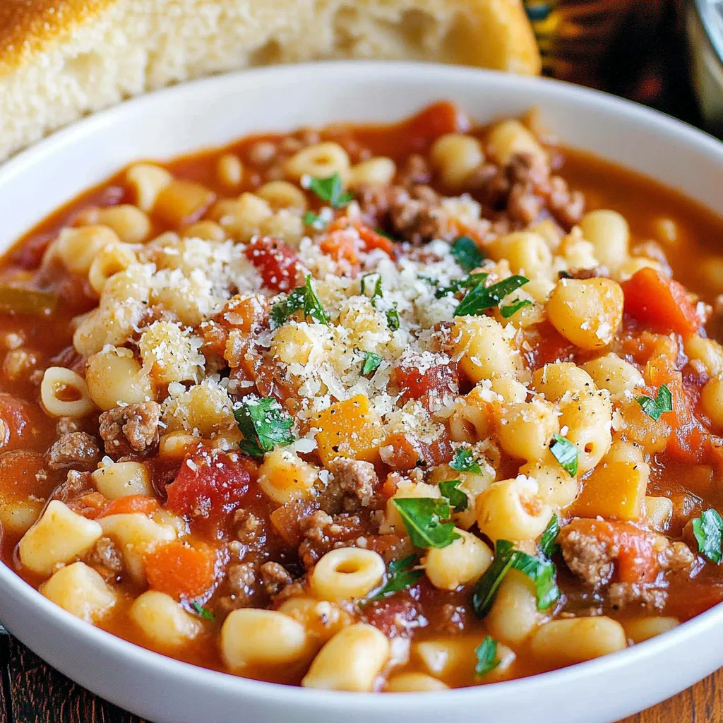 A bowl of Crockpot Pasta Fagioli with ground beef, beans, and pasta in a rich tomato broth, garnished with Parmesan and fresh parsley.