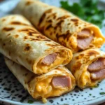 Crispy golden Air Fryer Hot Chicken Ham and Cheese Wraps served on a wooden board.