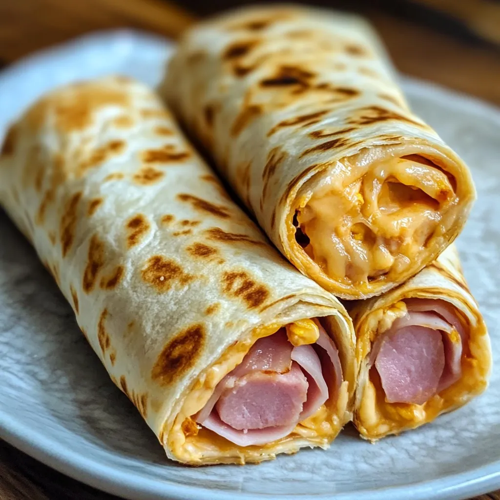 Close-up of a sliced air fryer cheese wrap showing melted Swiss cheese and ham inside.