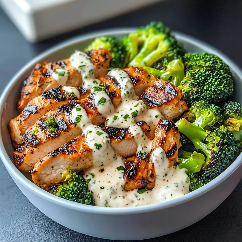 Grilled Chicken & Broccoli Bowl topped with creamy garlic sauce served over rice with lime wedges.