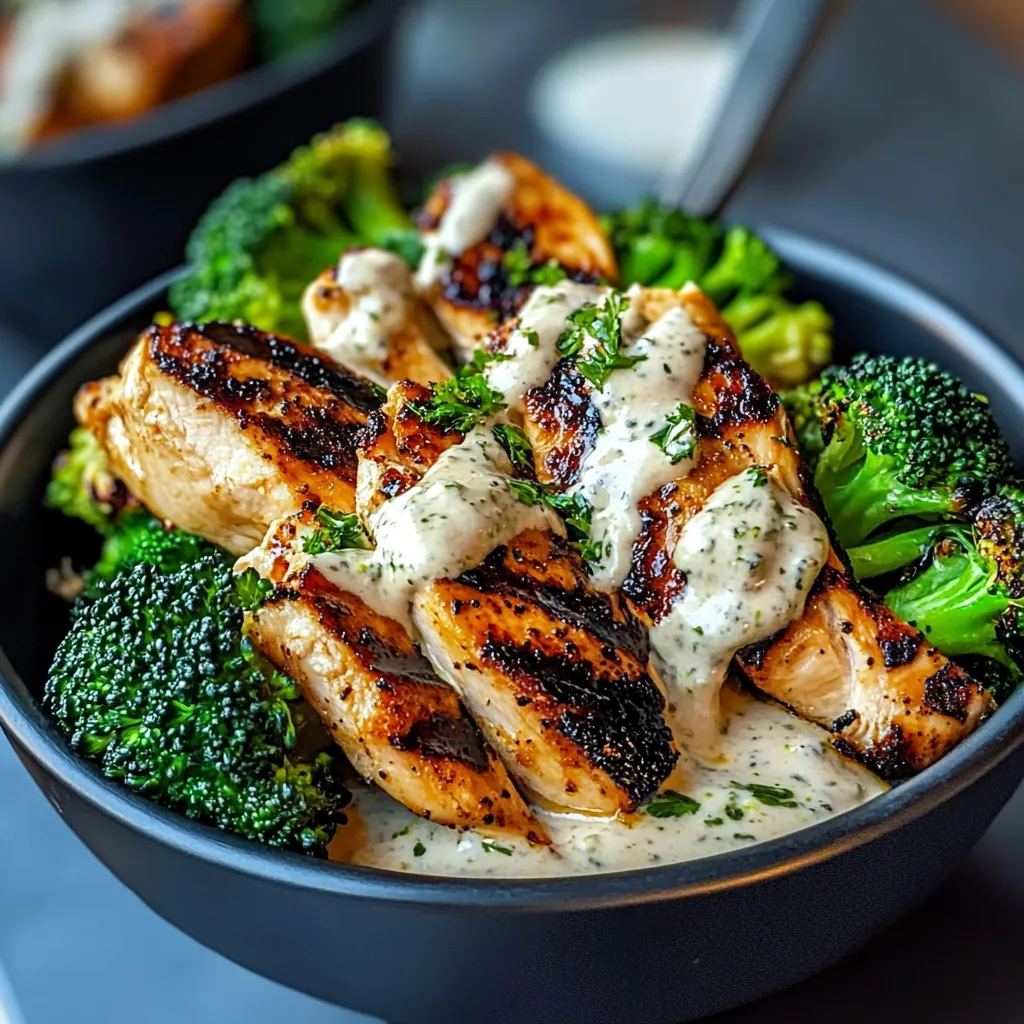 Grilled Chicken & Broccoli Bowl topped with creamy garlic sauce served over rice with lime wedges.