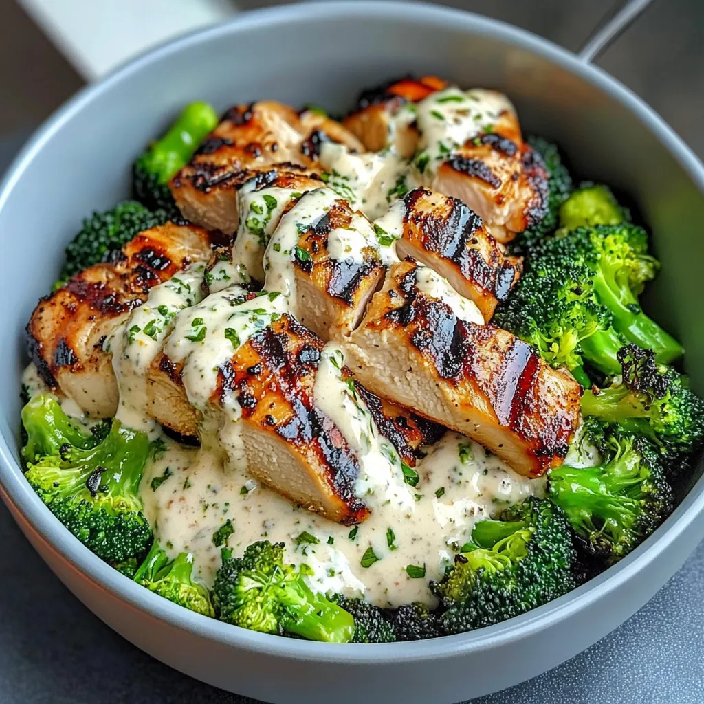 Grilled Chicken & Broccoli Bowl topped with creamy garlic sauce served over rice with lime wedges.