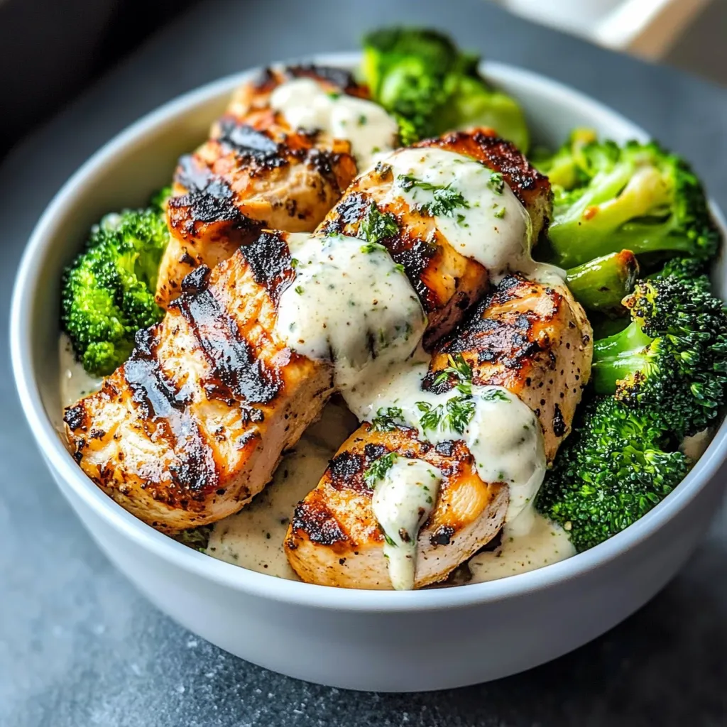 Grilled Chicken & Broccoli Bowl topped with creamy garlic sauce served over rice with lime wedges.