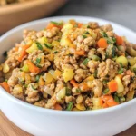 Healthy homemade dog food recipe with ground turkey, brown rice, and fresh vegetables like carrots and spinach, served in a bowl.