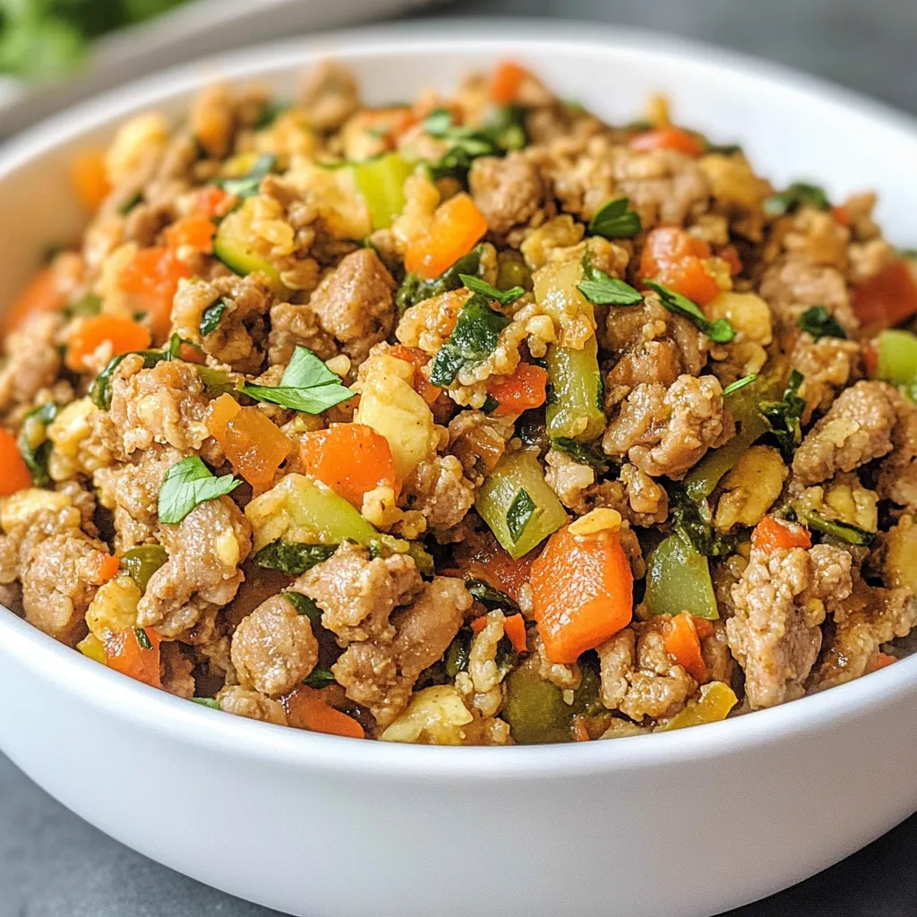 Healthy homemade dog food recipe with ground turkey, brown rice, and fresh vegetables like carrots and spinach, served in a bowl.