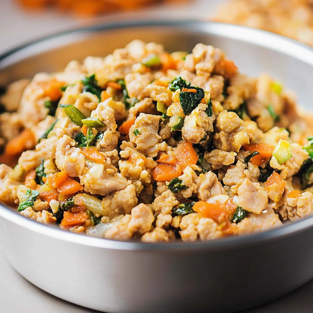 Healthy homemade dog food recipe with ground turkey, brown rice, and fresh vegetables like carrots and spinach, served in a bowl.