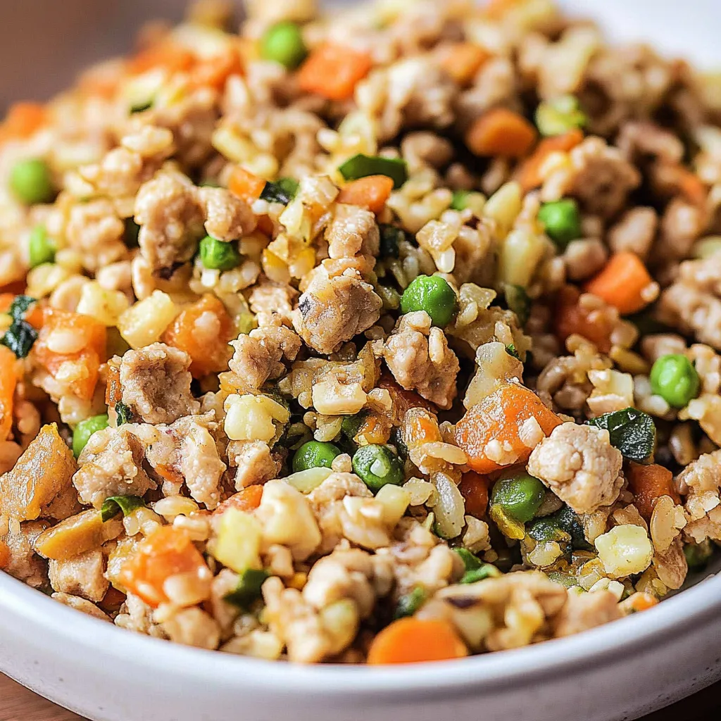 Healthy homemade dog food recipe with ground turkey, brown rice, and fresh vegetables like carrots and spinach, served in a bowl.