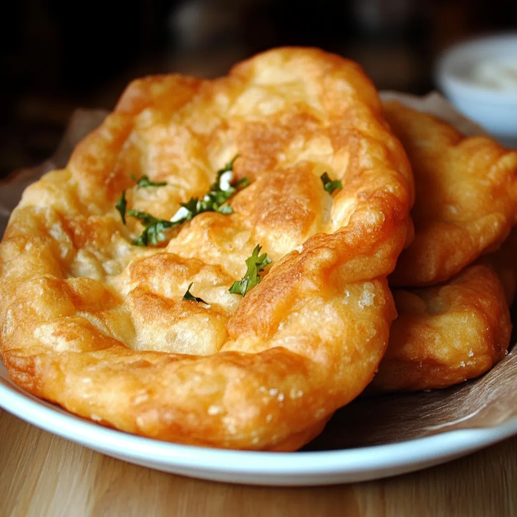 Golden brown Indian Frybread served with honey and powdered sugar on a rustic plate.