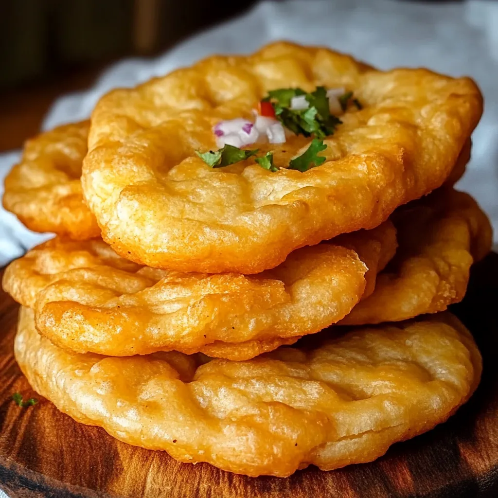 Golden brown Indian Frybread served with honey and powdered sugar on a rustic plate.