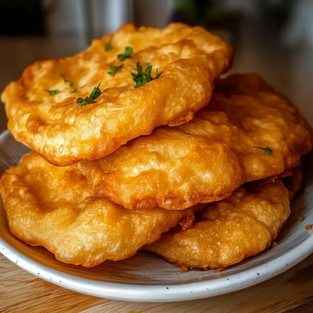 Golden brown Indian Frybread served with honey and powdered sugar on a rustic plate.