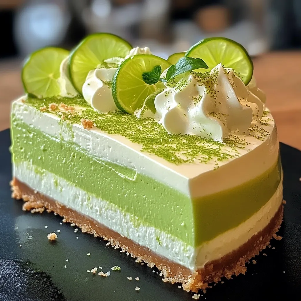 A slice of Lime Mousse Cheesecake with a graham cracker crust, topped with whipped cream and fresh lime zest.