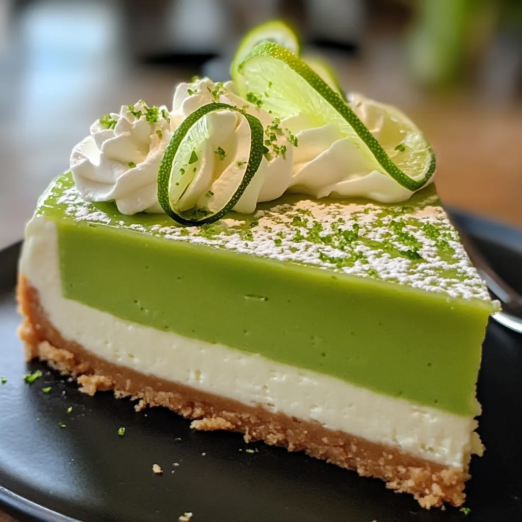 A slice of Lime Mousse Cheesecake with a graham cracker crust, topped with whipped cream and fresh lime zest.