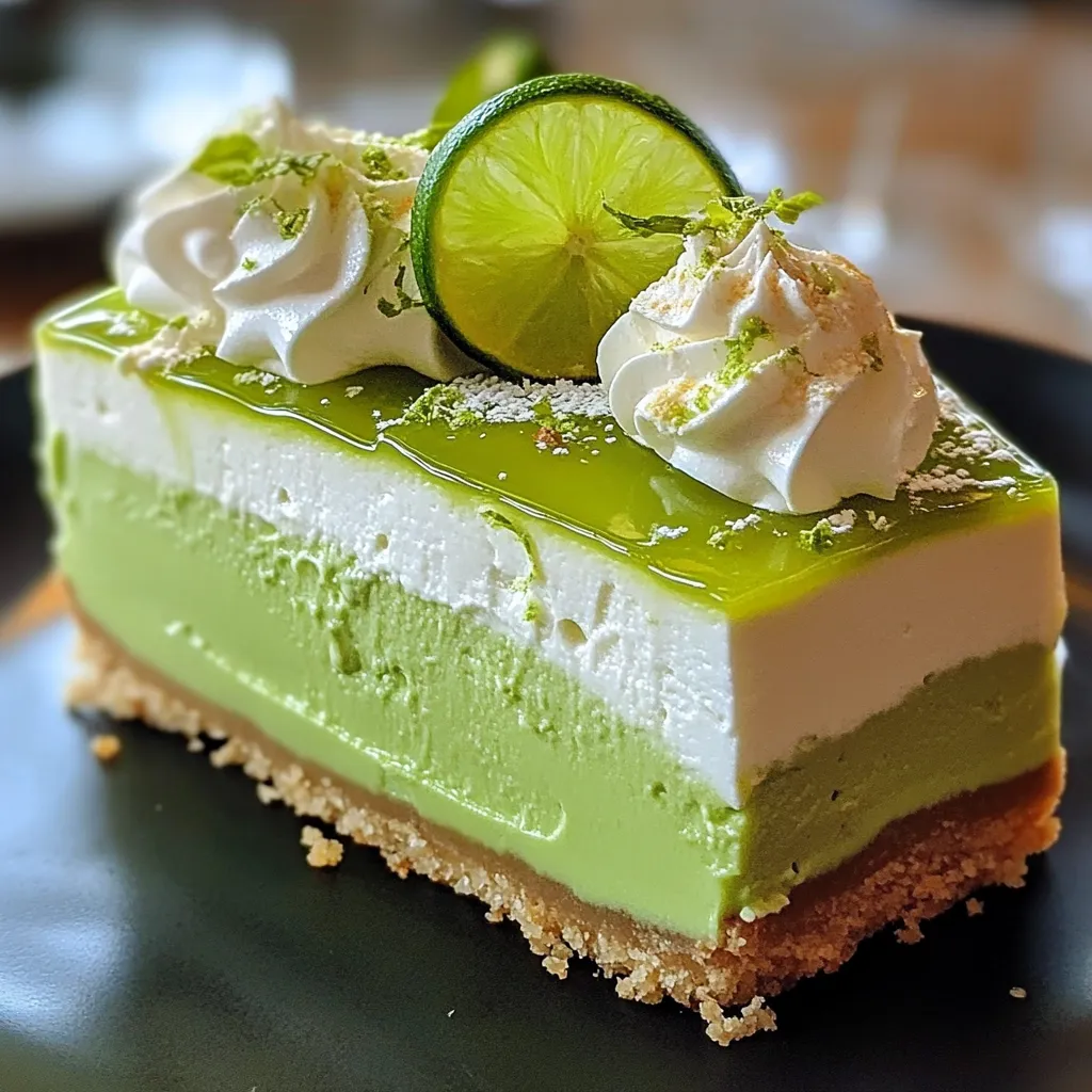 A slice of Lime Mousse Cheesecake with a graham cracker crust, topped with whipped cream and fresh lime zest.