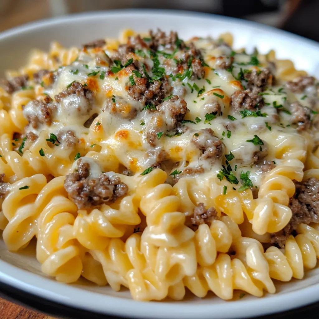 A creamy bowl of Loaded Cheeseburger Alfredo Pasta with ground beef, cheddar cheese, and a rich Alfredo sauce, garnished with fresh parsley.