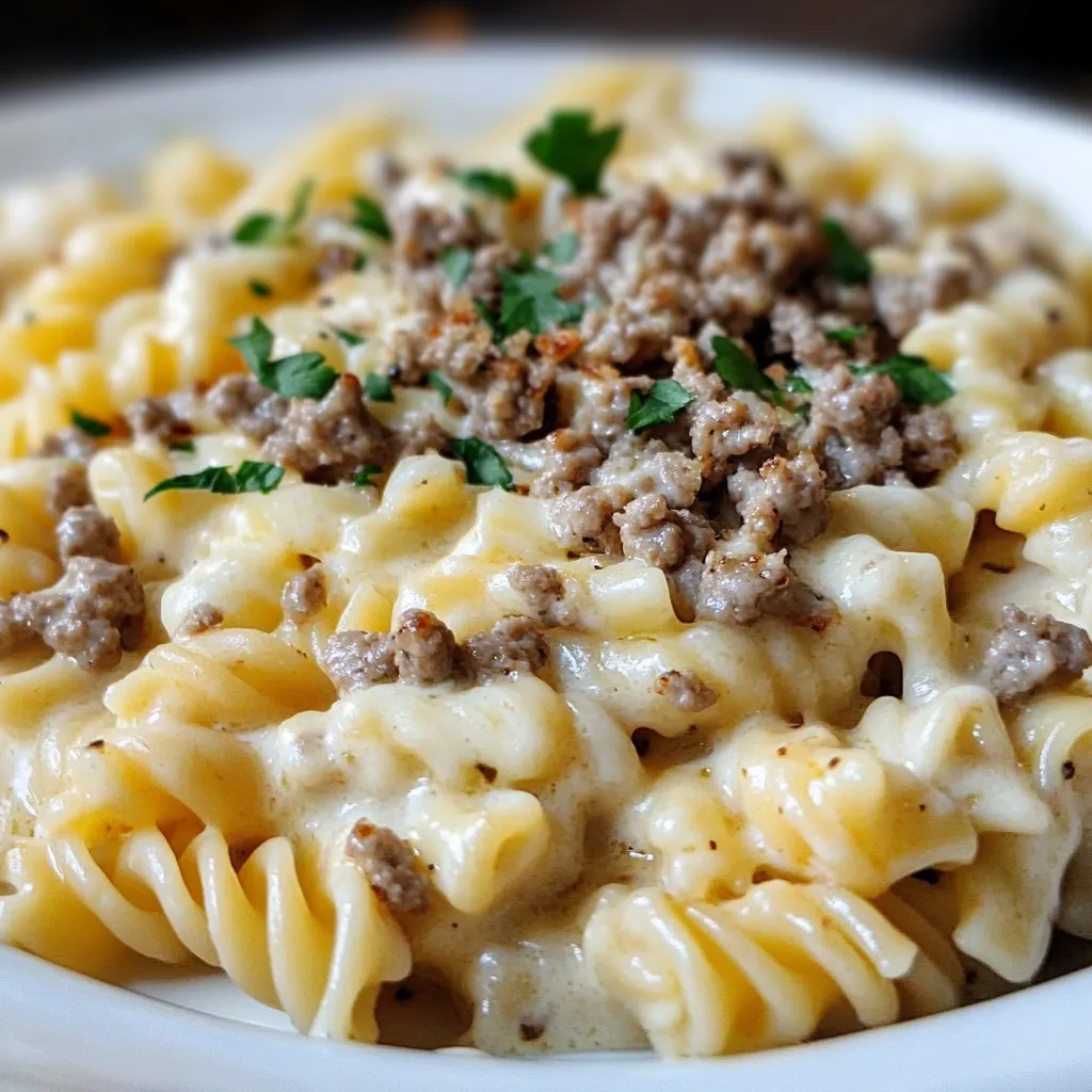 A creamy bowl of Loaded Cheeseburger Alfredo Pasta with ground beef, cheddar cheese, and a rich Alfredo sauce, garnished with fresh parsley.

