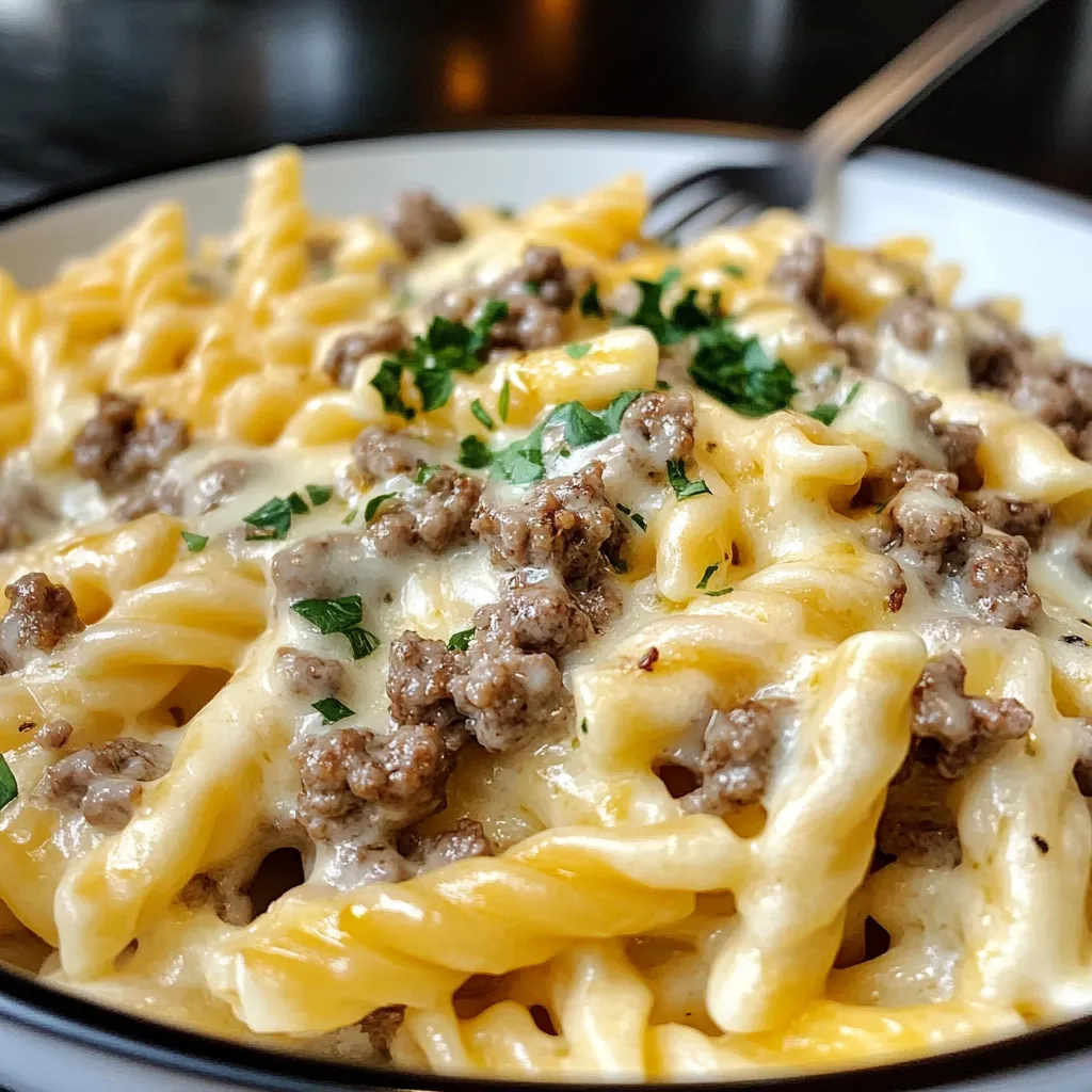 A creamy bowl of Loaded Cheeseburger Alfredo Pasta with ground beef, cheddar cheese, and a rich Alfredo sauce, garnished with fresh parsley.

