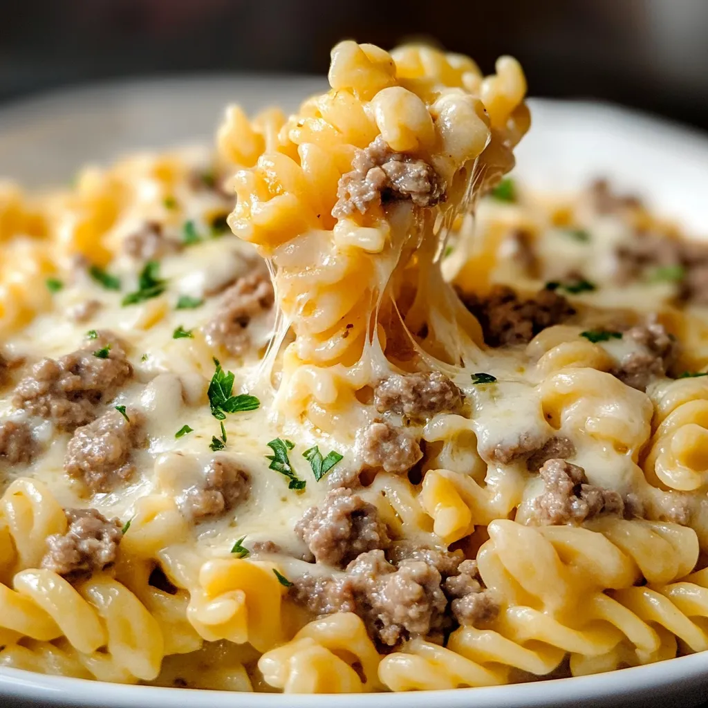 A creamy bowl of Loaded Cheeseburger Alfredo Pasta with ground beef, cheddar cheese, and a rich Alfredo sauce, garnished with fresh parsley.

