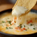 A bowl of creamy Mexican restaurant-style cheese dip garnished with fresh cilantro, served with tortilla chips on a rustic table.