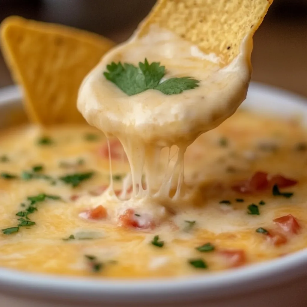 A bowl of creamy Mexican restaurant-style cheese dip garnished with fresh cilantro, served with tortilla chips on a rustic table.